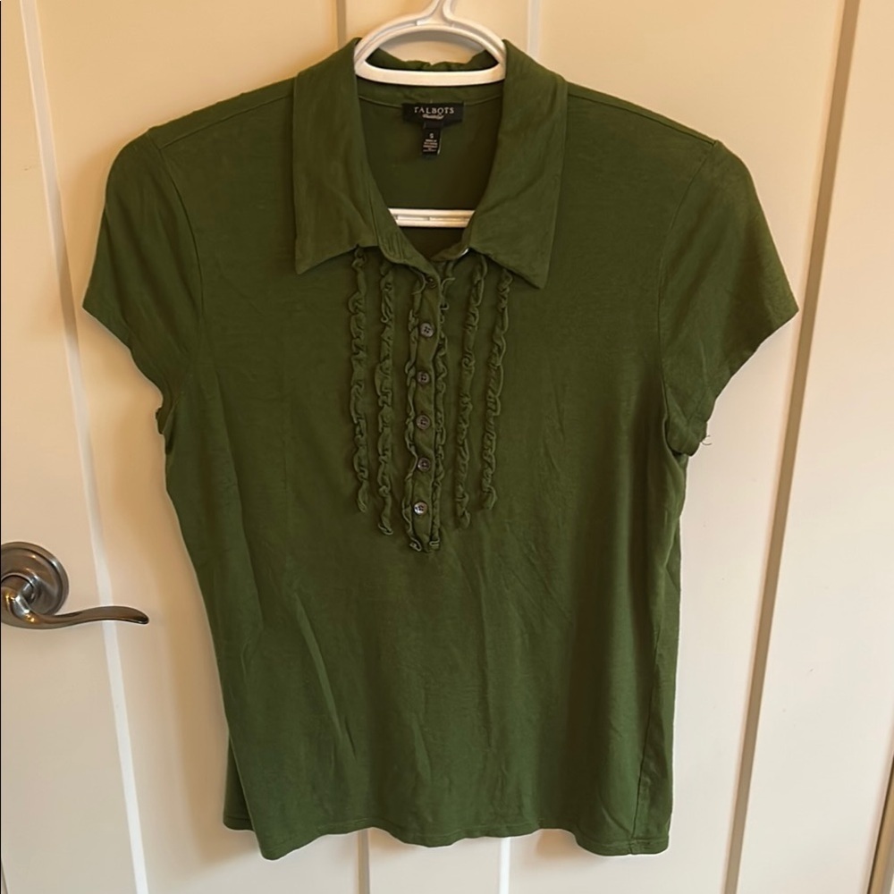 Talbots Women's Green Ruffle Front Short-sleeved Top, size S